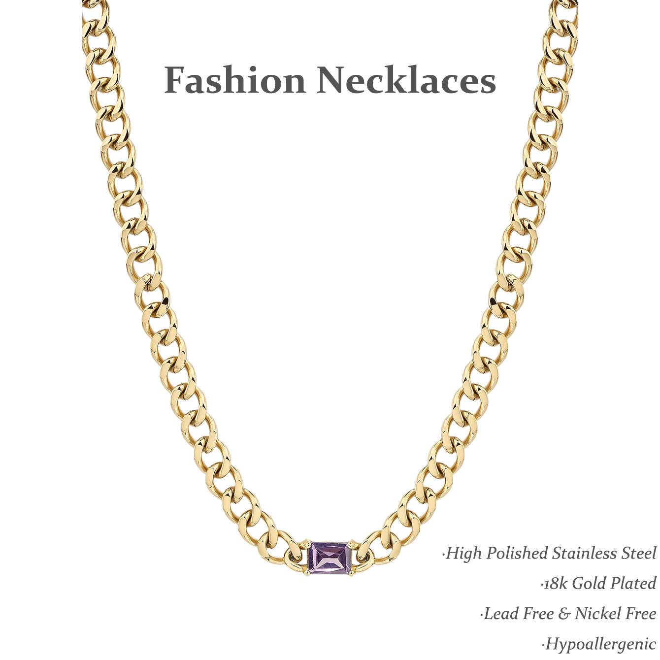 Natural Gemstone Cuban Necklace, Stainless Steel 18k Gold Plated Ladies Jewelry - YUZENG-jewelrystore.com