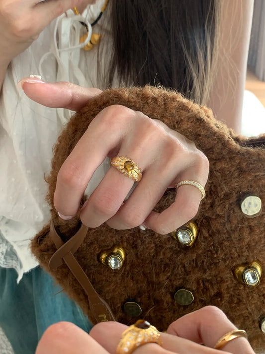 [Retro Luxe] 18k tiger eye stone ring - natural tiger eye stone - retro style brushed diamond embellishment - bring you wealth ring - energy ring - YUZENG-jewelrystore.com