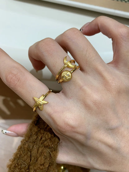 [Retro Luxe] 18k Medieval Sun, Moon and Star Ring - Star Energy Ring, Brushed Vintage Style - Daily Wear to Increase Energy - YUZENG-jewelrystore.com