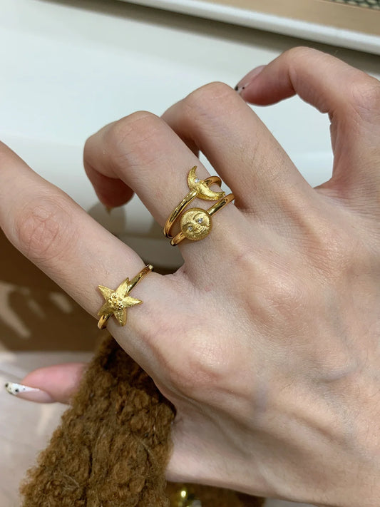 [Retro Luxe] 18k Medieval Sun, Moon and Star Ring - Star Energy Ring, Brushed Vintage Style - Daily Wear to Increase Energy - YUZENG-jewelrystore.com