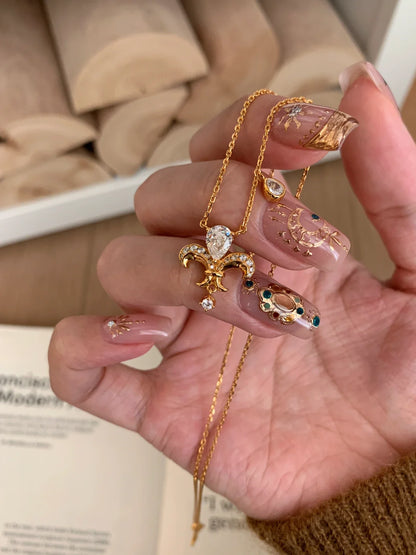 [Retro Luxe] 18K Iris Necklace - A brushed iris pendant adorned with diamonds, an adjustable sliding necklace for women, ideal for weddings and anniversaries - YUZENG-jewelrystore.com