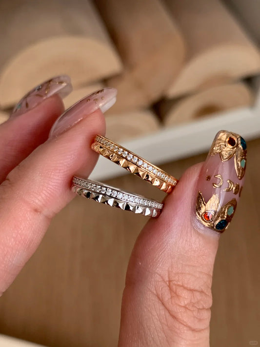 [Retro Luxe] 18K herringbone patterned ring - high polished style with diamond decoration, ideal for weddings and anniversaries - YUZENG-jewelrystore.com