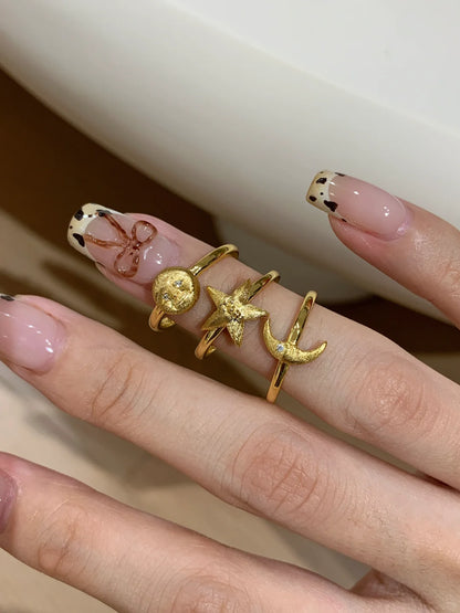 [Retro Luxe] 18k Medieval Sun, Moon and Star Ring - Star Energy Ring, Brushed Vintage Style - Daily Wear to Increase Energy - YUZENG-jewelrystore.com