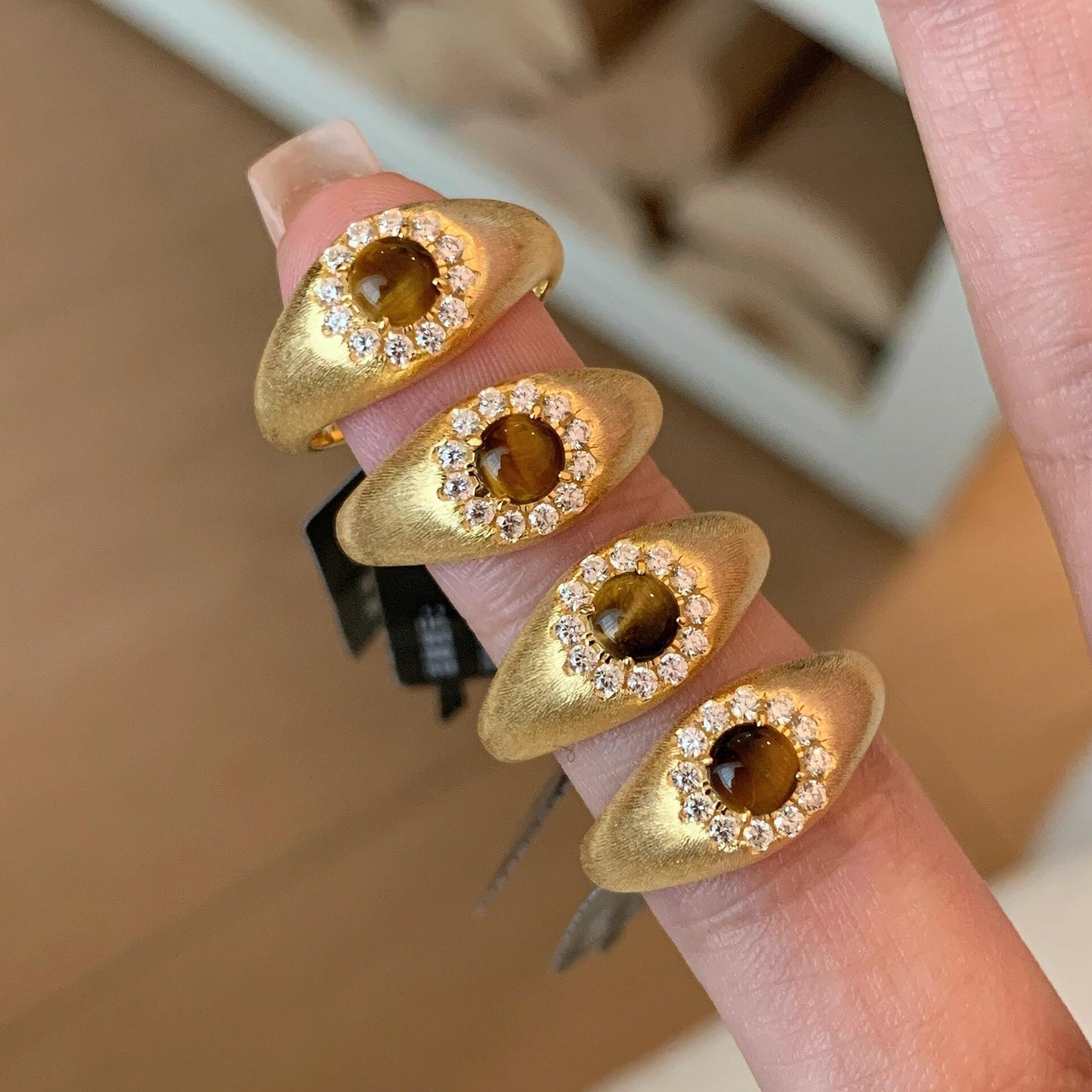 [Retro Luxe] Sterling Silver Gold Plated 18k Open Adjustable Tiger Eye Stone Ring - Brushed Style, Sterling Silver with Diamond Accents, Perfect for Weddings and Anniversaries, Suitable for Men and Women - YUZENG-jewelrystore.com