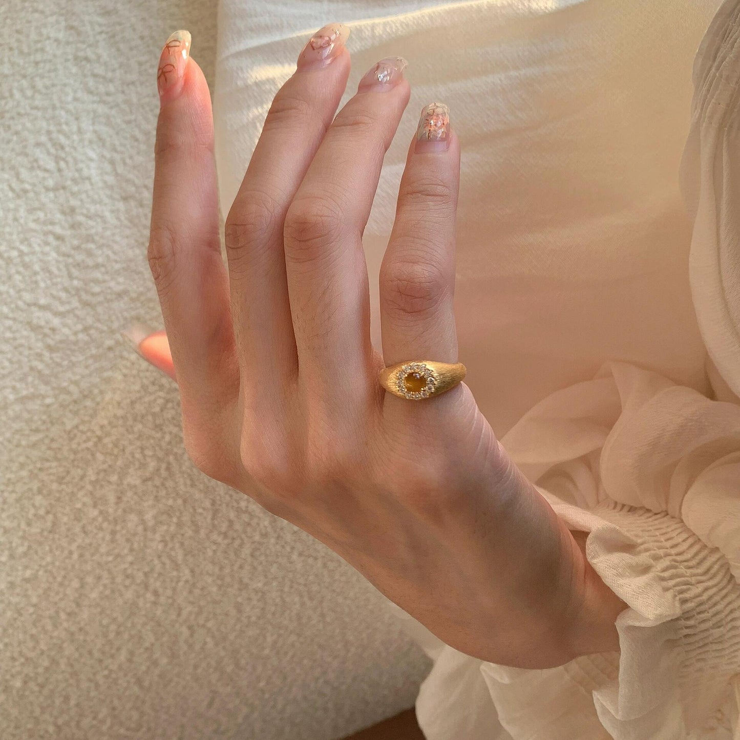 [Retro Luxe] Sterling Silver Gold Plated 18k Open Adjustable Tiger Eye Stone Ring - Brushed Style, Sterling Silver with Diamond Accents, Perfect for Weddings and Anniversaries, Suitable for Men and Women - YUZENG-jewelrystore.com