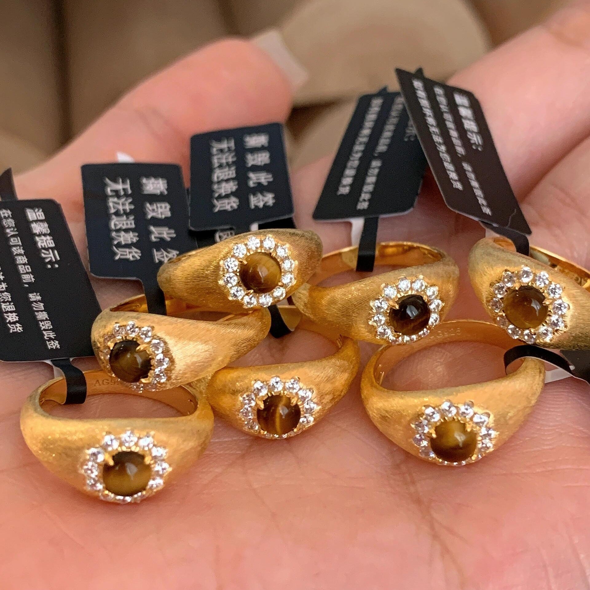 [Retro Luxe] Sterling Silver Gold Plated 18k Open Adjustable Tiger Eye Stone Ring - Brushed Style, Sterling Silver with Diamond Accents, Perfect for Weddings and Anniversaries, Suitable for Men and Women - YUZENG-jewelrystore.com