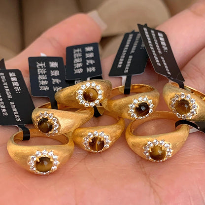 [Retro Luxe] Sterling Silver Gold Plated 18k Open Adjustable Tiger Eye Stone Ring - Brushed Style, Sterling Silver with Diamond Accents, Perfect for Weddings and Anniversaries, Suitable for Men and Women - YUZENG-jewelrystore.com