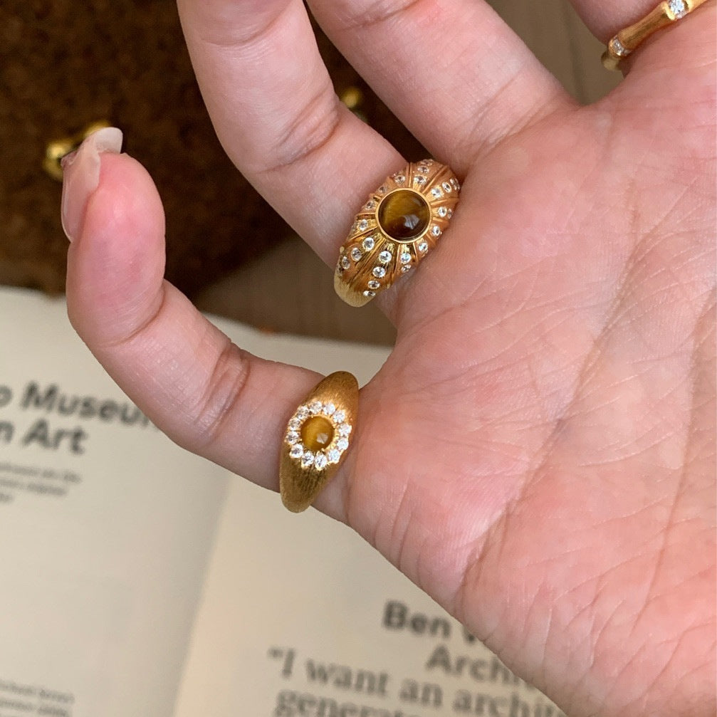 [Retro Luxe] Sterling Silver Gold Plated 18k Open Adjustable Tiger Eye Stone Ring - Brushed Style, Sterling Silver with Diamond Accents, Perfect for Weddings and Anniversaries, Suitable for Men and Women - YUZENG-jewelrystore.com