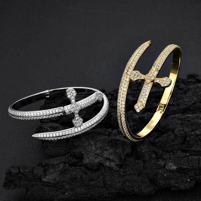 5A Zircon Justice Sword Cuff Bracelet - Miami 18K Gold Plated, Iced Out Hip Hop Style. Full Cubic Zirconia for Men and Women. - YUZENG-jewelrystore.com
