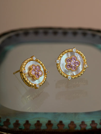 [Retro Luxe] Four Leaf Clover Earrings for Women - 18K Gold Plated with Natural White Mother of Pearl and Pink Corundum, Hypoallergenic Silver Needle, Perfect for Vintage and Elegant Occasion - YUZENG-jewelrystore.com