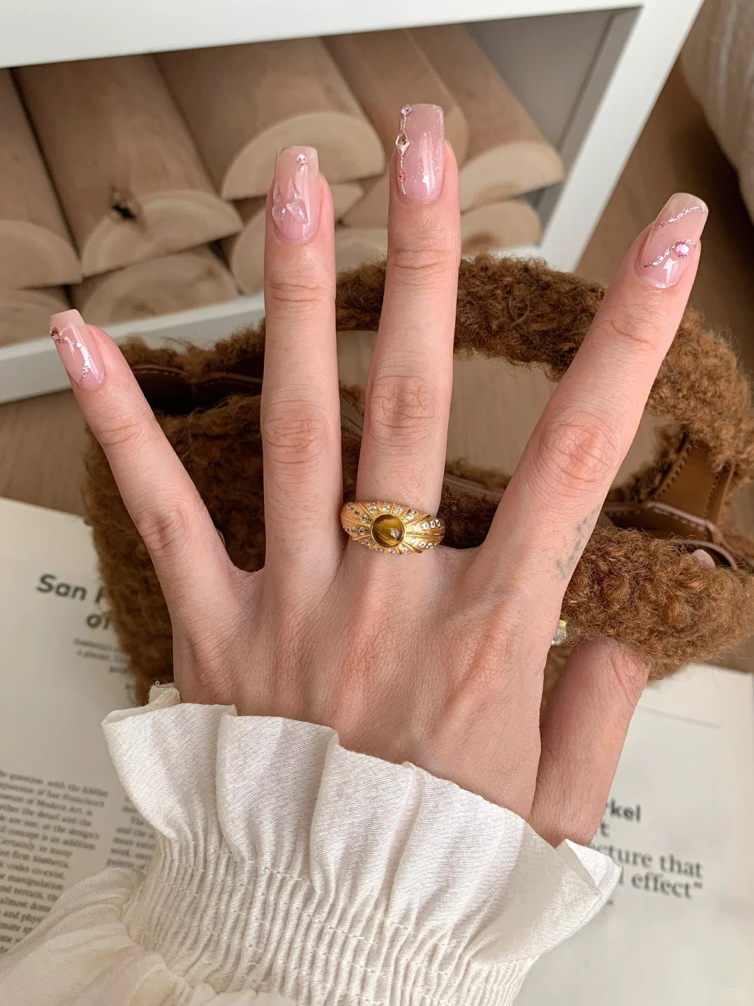 [Retro Luxe] 18k tiger eye stone ring - natural tiger eye stone - retro style brushed diamond embellishment - bring you wealth ring - energy ring - YUZENG-jewelrystore.com
