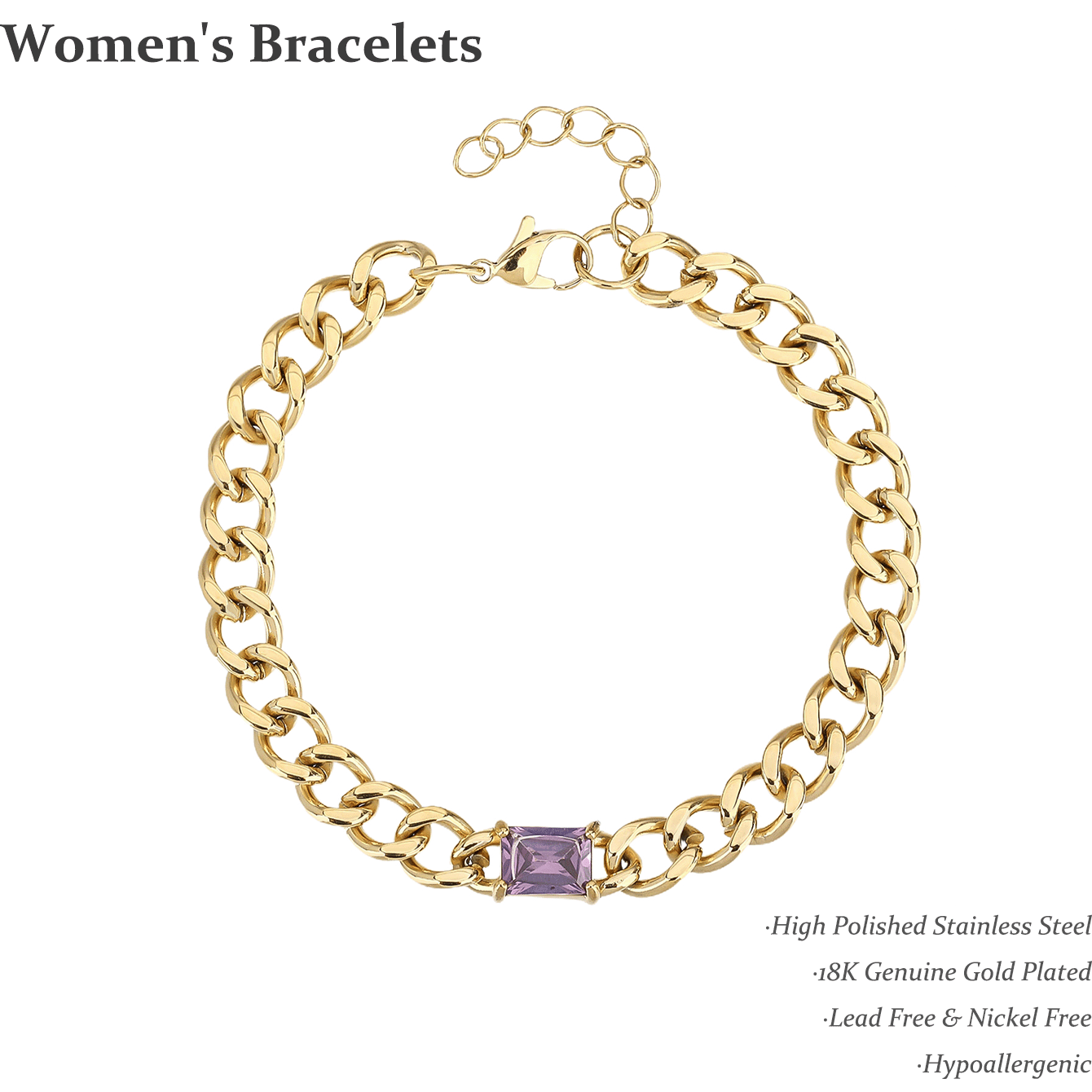Natural Gemstone Cuban Bracelet, Stainless Steel 18k Gold Plated Ladies Jewelry - YUZENG-jewelrystore.com