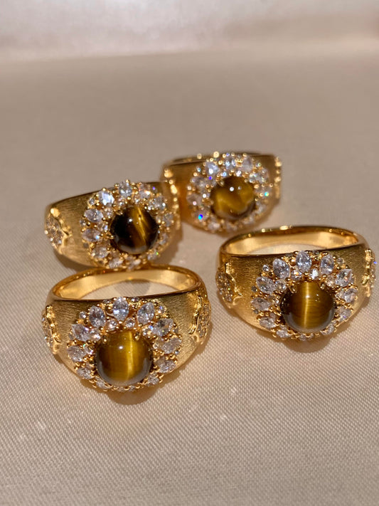 [Retro Luxe] 18k gold-plated dazzling tiger eye stone brushed silver inlaid with diamonds, high-end and light luxury ring - YUZENG-jewelrystore.com