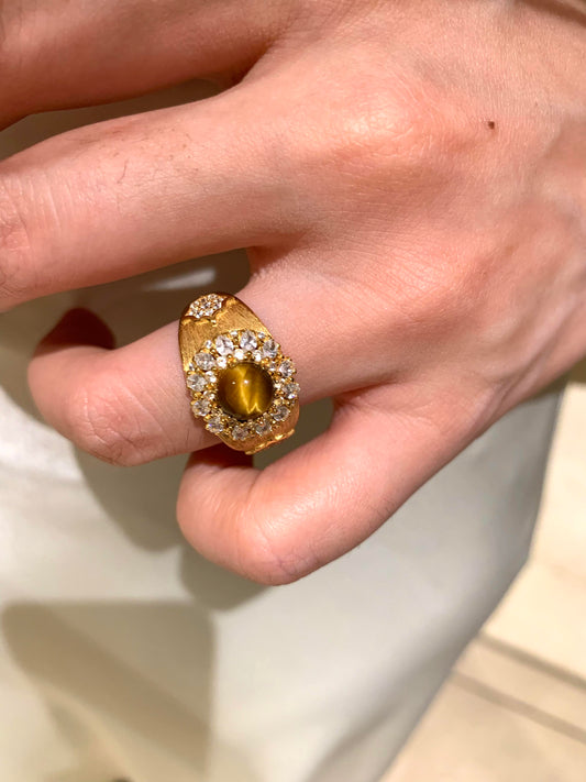 [Retro Luxe] 18k gold-plated dazzling tiger eye stone brushed silver inlaid with diamonds, high-end and light luxury ring - YUZENG-jewelrystore.com