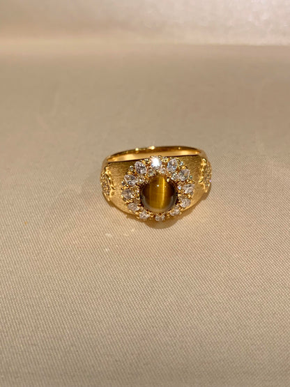 [Retro Luxe] 18k gold-plated dazzling tiger eye stone brushed silver inlaid with diamonds, high-end and light luxury ring - YUZENG-jewelrystore.com