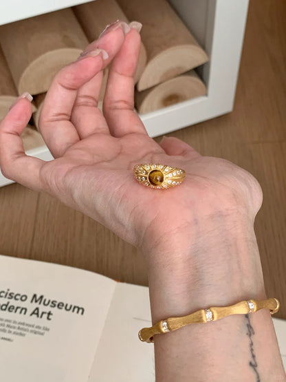 [Retro Luxe] 18k tiger eye stone ring - natural tiger eye stone - retro style brushed diamond embellishment - bring you wealth ring - energy ring - YUZENG-jewelrystore.com