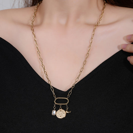 316L stainless steel 18K gold vintage bohemian hair a star moon rhinestone pendant necklace - YUZENG-jewelrystore.com