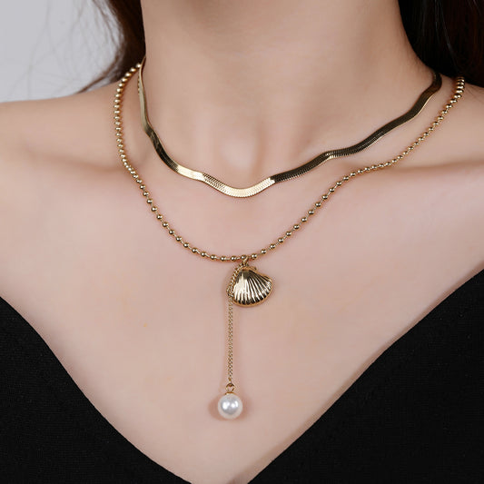 316L stainless steel, simple and stylish, two for layered shell pearl sweater chain snake bone necklace - YUZENG-jewelrystore.com