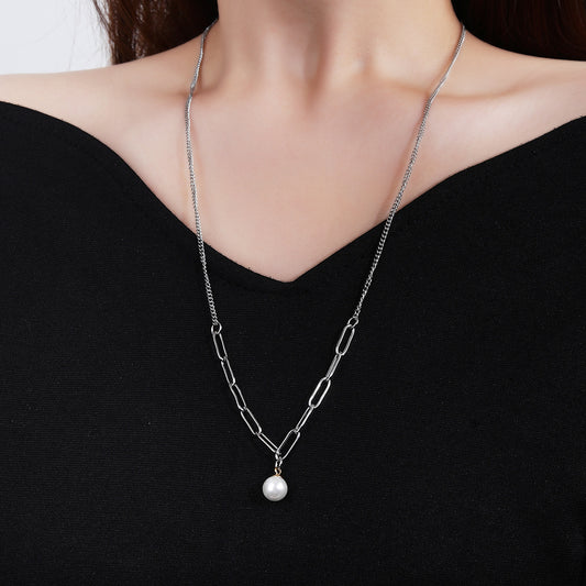 316L stainless steel simple and fashionable suitable for layering pearl sweater chain necklace - YUZENG-jewelrystore.com