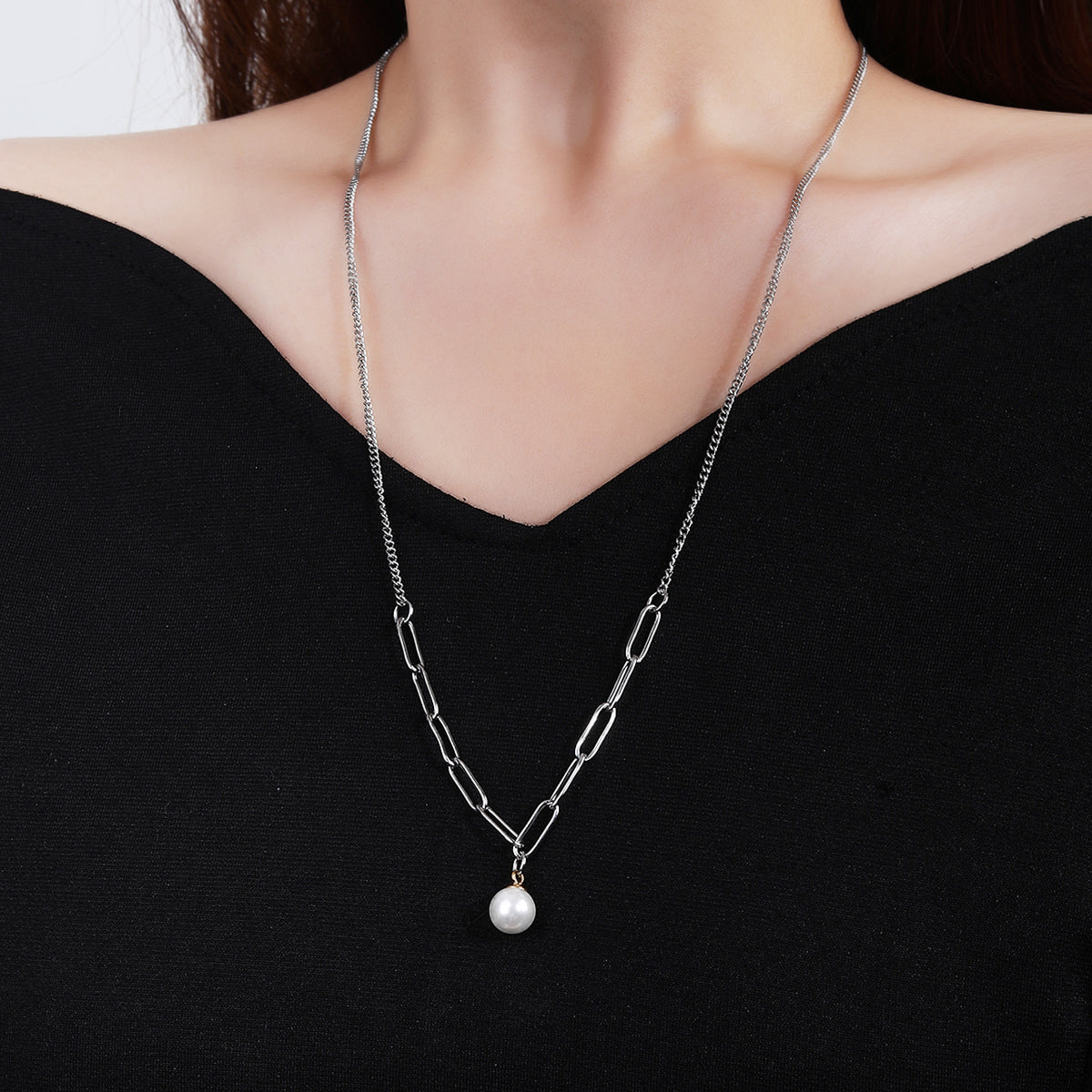 316L stainless steel simple and fashionable suitable for layering pearl sweater chain necklace - YUZENG-jewelrystore.com