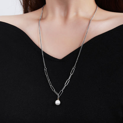 316L stainless steel simple and fashionable suitable for layering pearl sweater chain necklace - YUZENG-jewelrystore.com