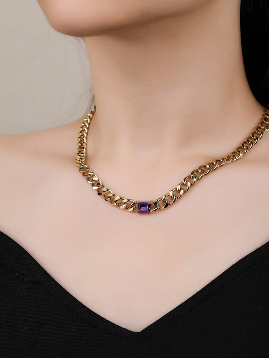 Natural Gemstone Cuban Necklace, Stainless Steel 18k Gold Plated Ladies Jewelry - YUZENG-jewelrystore.com