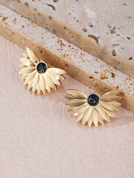 Fashion stainless steel 18k sunflower obsidian earrings - YUZENG-jewelrystore.com