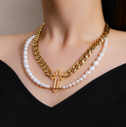 Stainless Steel Cross Pendant Necklace with Saltwater Pearls - Tarnish Free, Layered Design, Women's Jewelry - YUZENG-jewelrystore.com