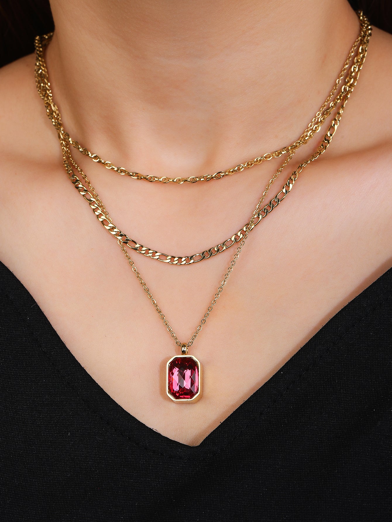 Stainless Steel Fashion Three-Layer Ruby Pendant Necklace - YUZENG-jewelrystore.com