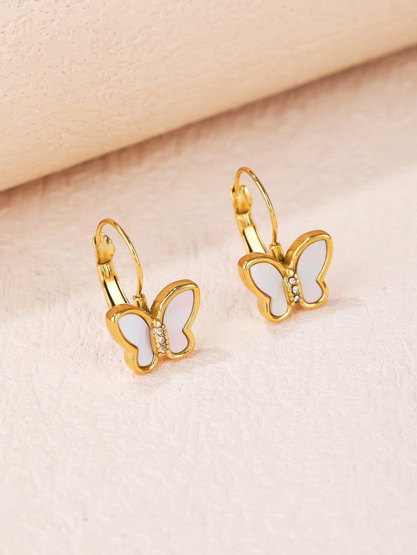 Stainless Steel Butterfly Ear Clips - Mother-of-pearl Rhinestones - YUZENG-jewelrystore.com