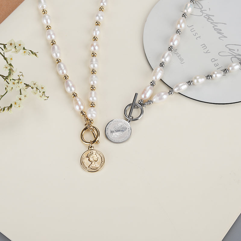 Fashion stainless steel 18k natural pearl ot clasp portrait women pendant necklace - YUZENG-jewelrystore.com