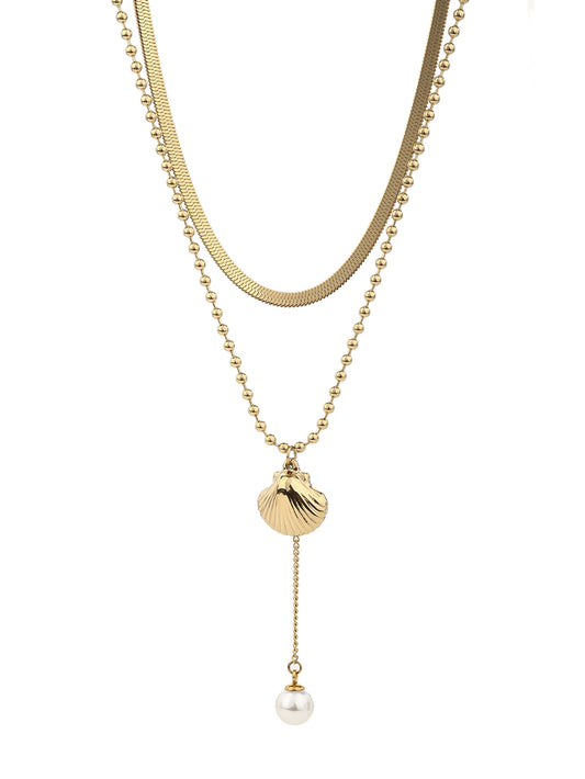 316L stainless steel, simple and stylish, two for layered shell pearl sweater chain snake bone necklace - YUZENG-jewelrystore.com
