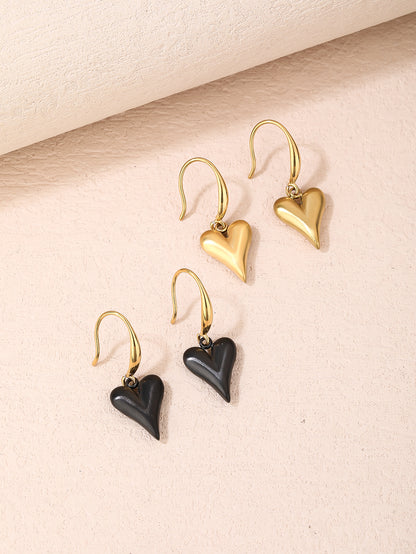 316L Stainless Steel 18K Gold Baked Porcelain Black Heart Dangle Earrings - YUZENG-jewelrystore.com