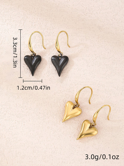 316L Stainless Steel 18K Gold Baked Porcelain Black Heart Dangle Earrings - YUZENG-jewelrystore.com