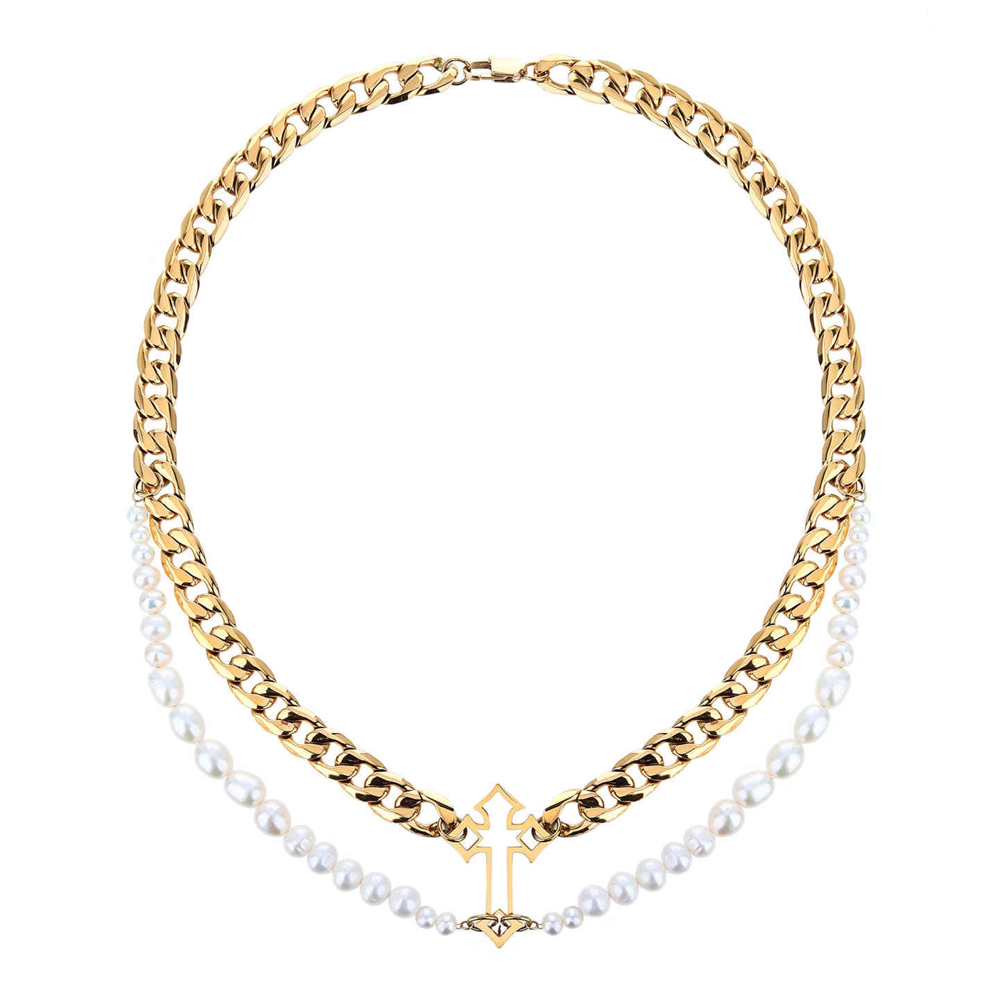 Stainless Steel Cross Pendant Necklace with Saltwater Pearls - Tarnish Free, Layered Design, Women's Jewelry - YUZENG-jewelrystore.com