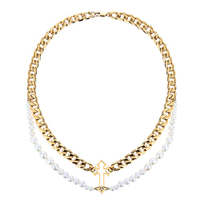Stainless Steel Cross Pendant Necklace with Saltwater Pearls - Tarnish Free, Layered Design, Women's Jewelry - YUZENG-jewelrystore.com