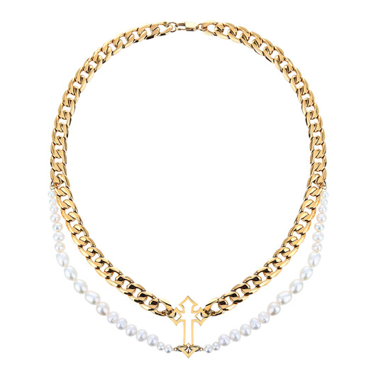 Stainless Steel Cross Pendant Necklace with Saltwater Pearls - Tarnish Free, Layered Design, Women's Jewelry - YUZENG-jewelrystore.com