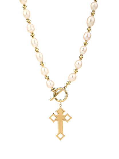 Natural Pearl Cross Necklace - Stainless Steel Cross Pendant 18K Gold-Plating, OT Clasp, Gothic Design,for Women and Girls - YUZENG-jewelrystore.com