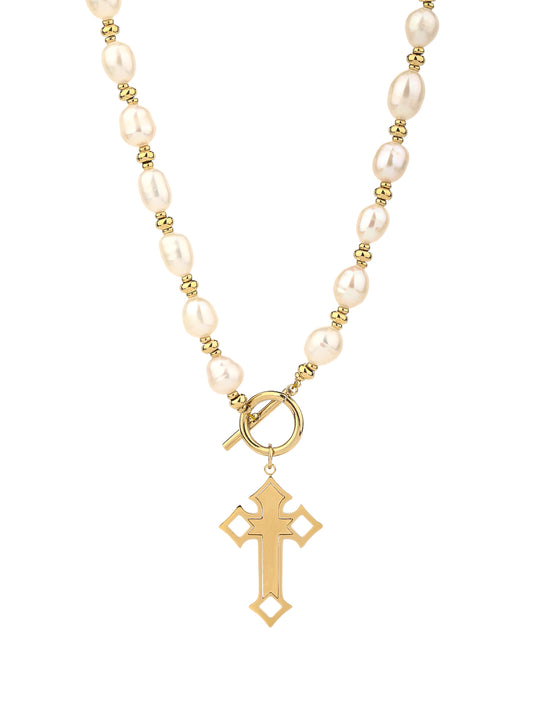 Natural Pearl Cross Necklace - Stainless Steel Cross Pendant 18K Gold-Plating, OT Clasp, Gothic Design,for Women and Girls - YUZENG-jewelrystore.com