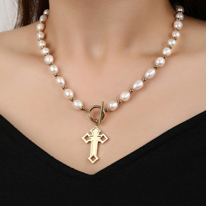 Natural Pearl Cross Necklace - Stainless Steel Cross Pendant 18K Gold-Plating, OT Clasp, Gothic Design,for Women and Girls - YUZENG-jewelrystore.com