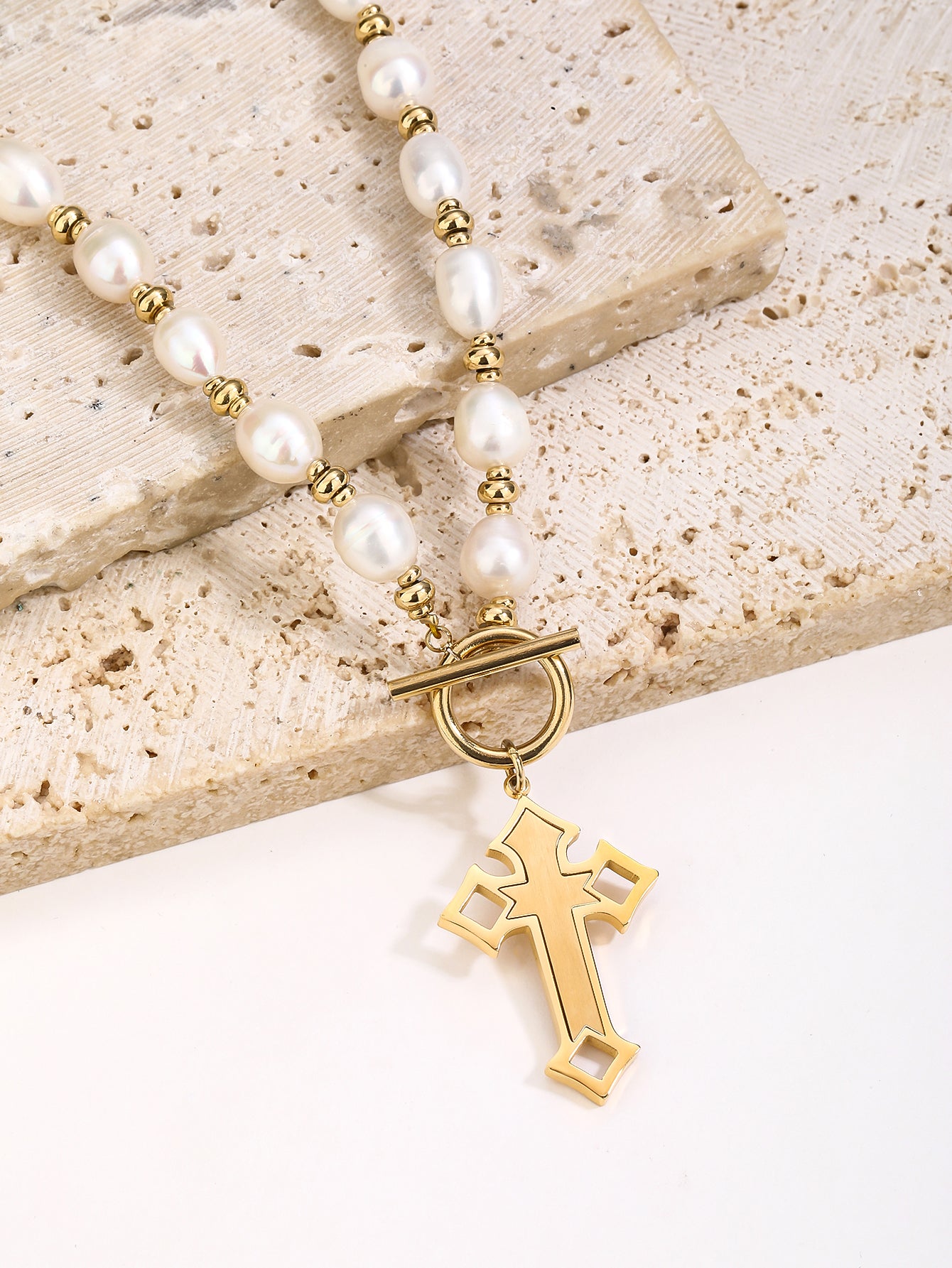 Natural Pearl Cross Necklace - Stainless Steel Cross Pendant 18K Gold-Plating, OT Clasp, Gothic Design,for Women and Girls - YUZENG-jewelrystore.com