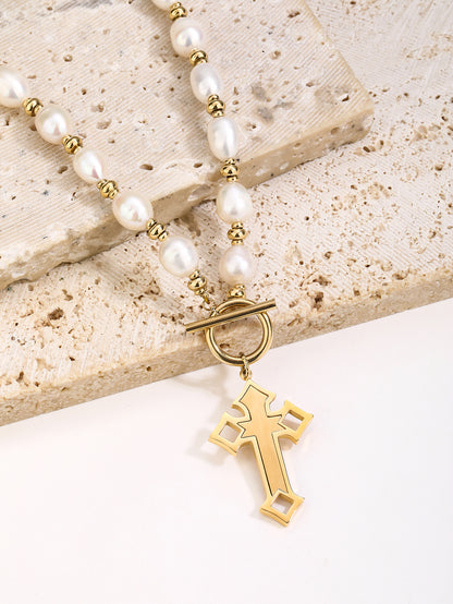 Natural Pearl Cross Necklace - Stainless Steel Cross Pendant 18K Gold-Plating, OT Clasp, Gothic Design,for Women and Girls - YUZENG-jewelrystore.com