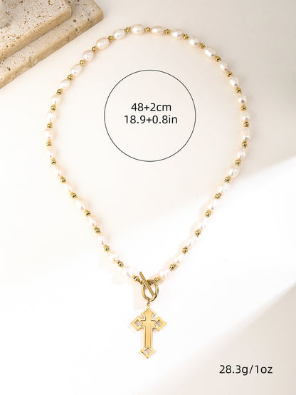 Natural Pearl Cross Necklace - Stainless Steel Cross Pendant 18K Gold-Plating, OT Clasp, Gothic Design,for Women and Girls - YUZENG-jewelrystore.com