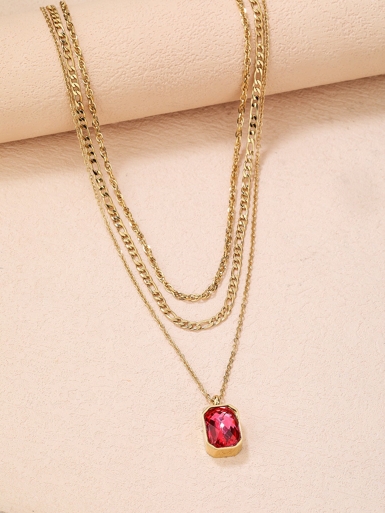 Stainless Steel Fashion Three-Layer Ruby Pendant Necklace - YUZENG-jewelrystore.com