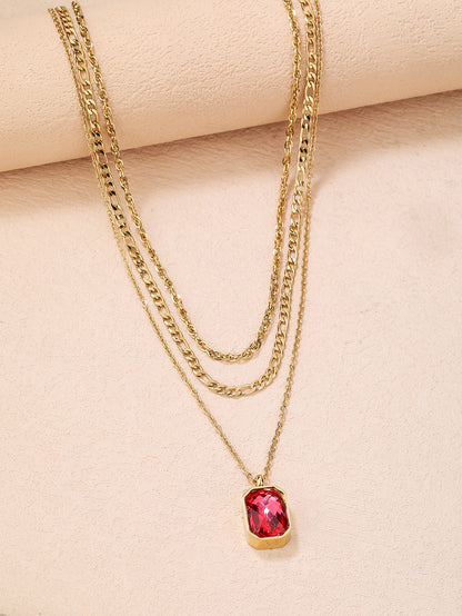 Stainless Steel Fashion Three-Layer Ruby Pendant Necklace - YUZENG-jewelrystore.com
