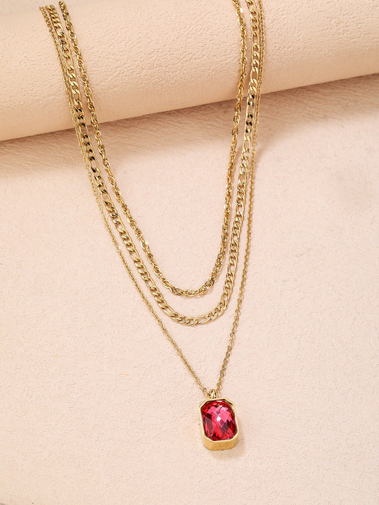 Stainless Steel Fashion Three-Layer Ruby Pendant Necklace - YUZENG-jewelrystore.com
