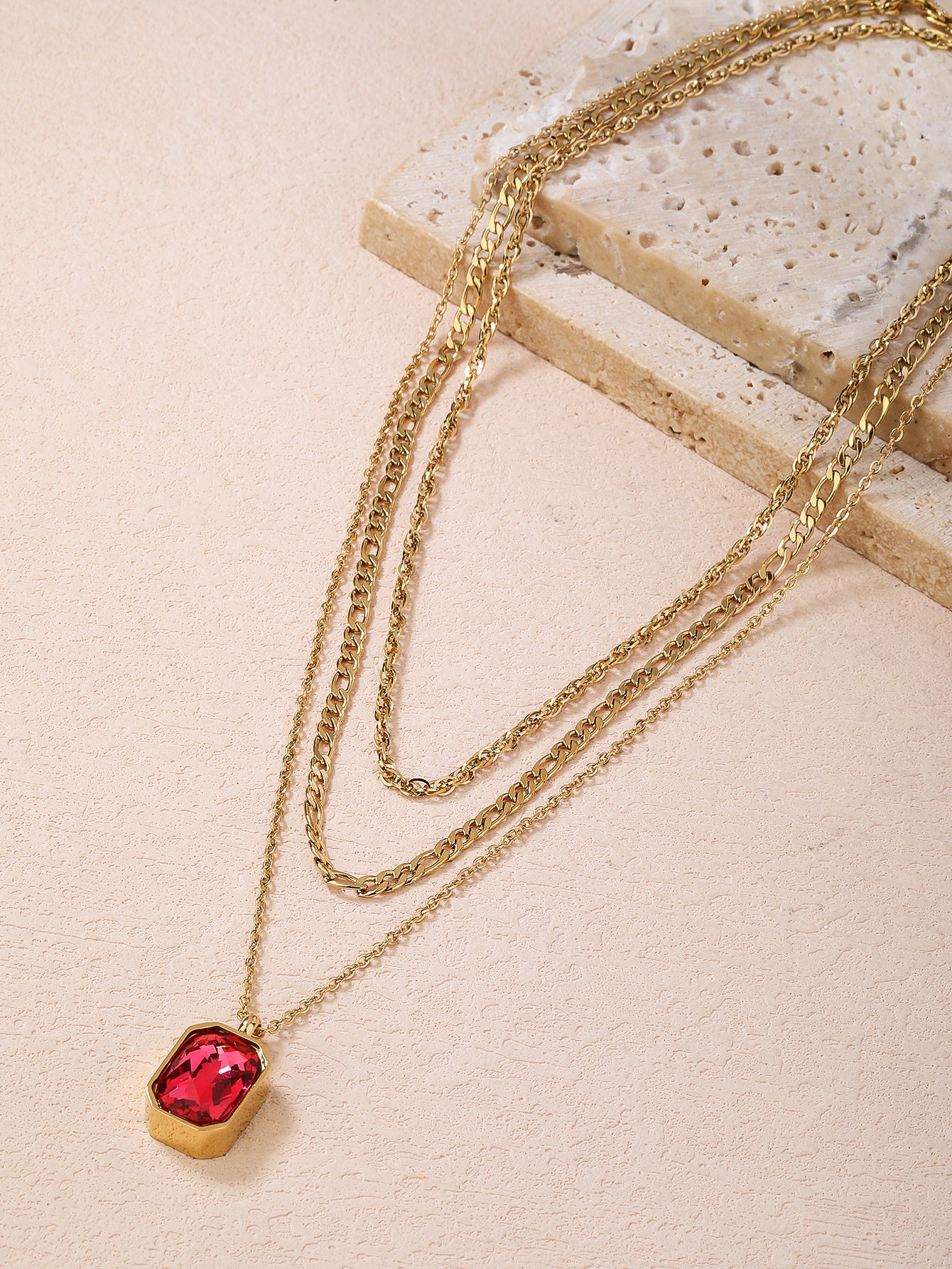 Stainless Steel Fashion Three-Layer Ruby Pendant Necklace - YUZENG-jewelrystore.com