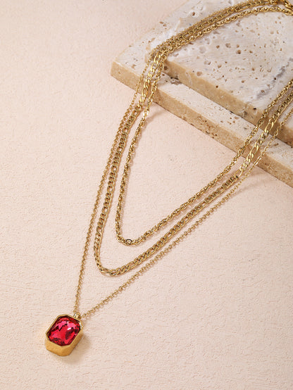 Stainless Steel Fashion Three-Layer Ruby Pendant Necklace - YUZENG-jewelrystore.com