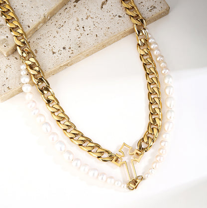 Stainless Steel Cross Pendant Necklace with Saltwater Pearls - Tarnish Free, Layered Design, Women's Jewelry - YUZENG-jewelrystore.com