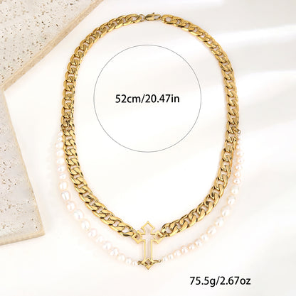 Stainless Steel Cross Pendant Necklace with Saltwater Pearls - Tarnish Free, Layered Design, Women's Jewelry - YUZENG-jewelrystore.com